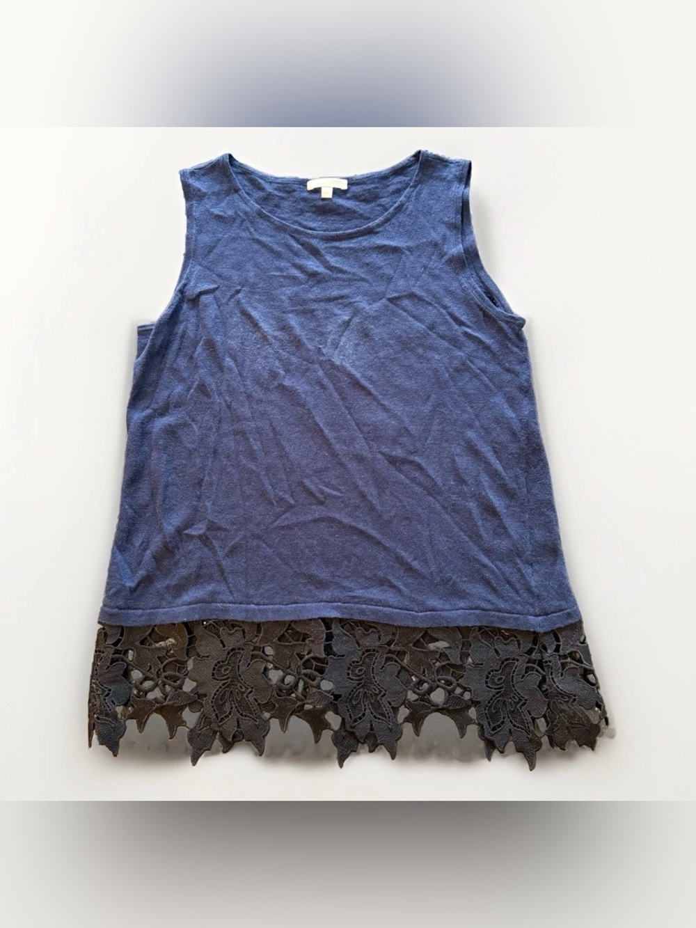 Lisa Todd Navy Blue Sleeveless Linen/Cotton Crochet Detail Top Size Small